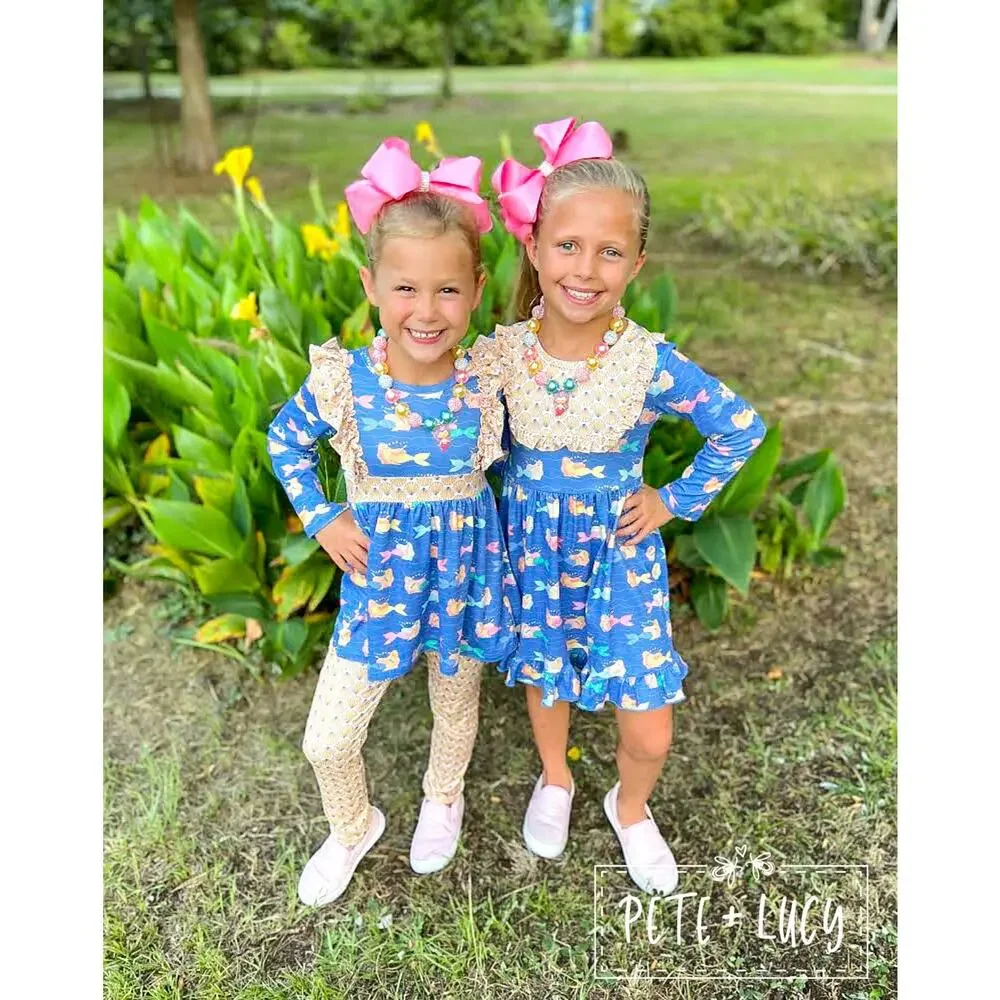 PETE + LUCY Mermaid and Shells Long Sleeve Ruffle Bib Dress 2T